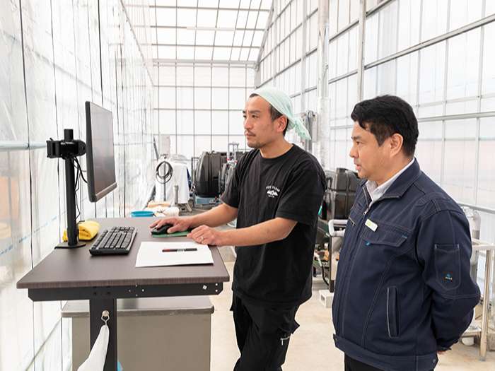 ハウス内でpcを操作する人