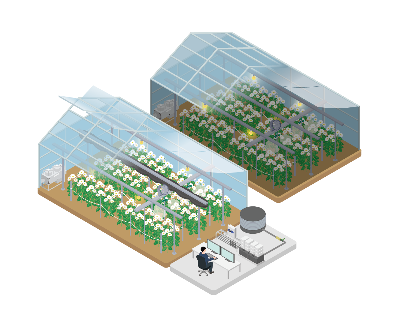 菊ハウス2連棟をPCで制御している様子