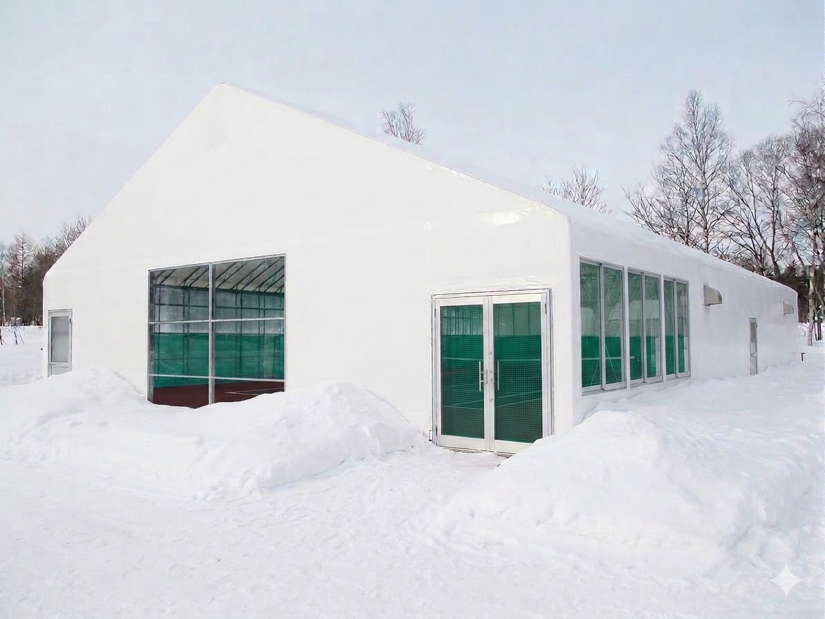 雪に覆われた冬でも稼働するビニールハウス製屋内スポーツ施設の外観