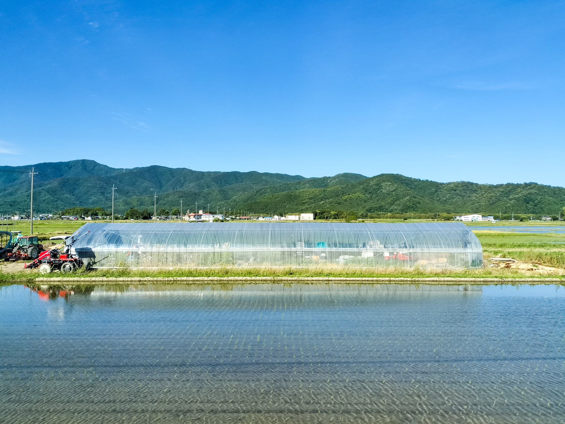 JR北陸本線車窓から　長浜市高月町の田園、手前に田んぼ、奥にはビニールハウス