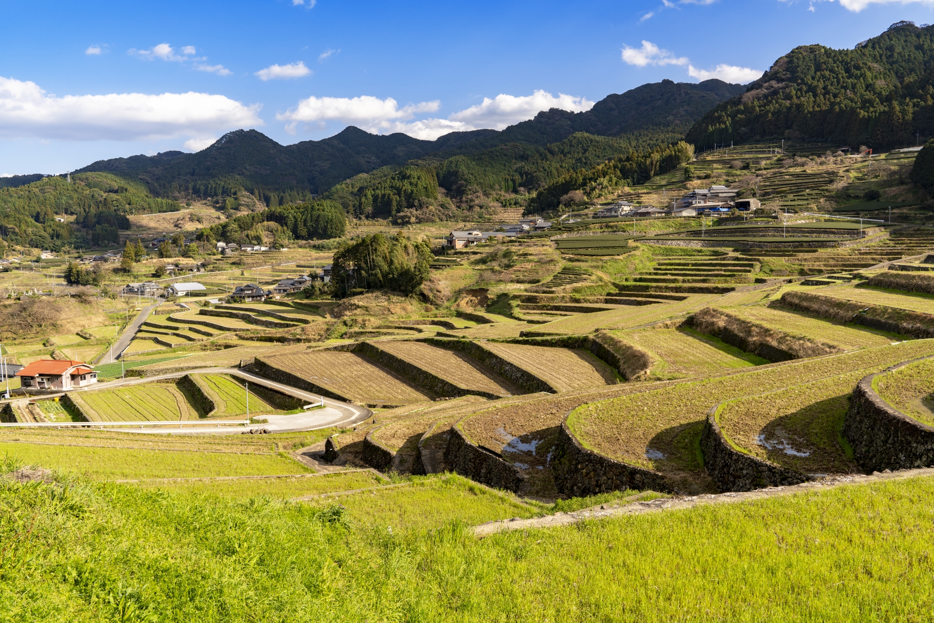 青空と青々とした山に囲まれた斜面に美しく広がる長崎県鬼木棚田の風景